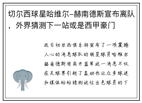 切尔西球星哈维尔-赫南德斯宣布离队，外界猜测下一站或是西甲豪门